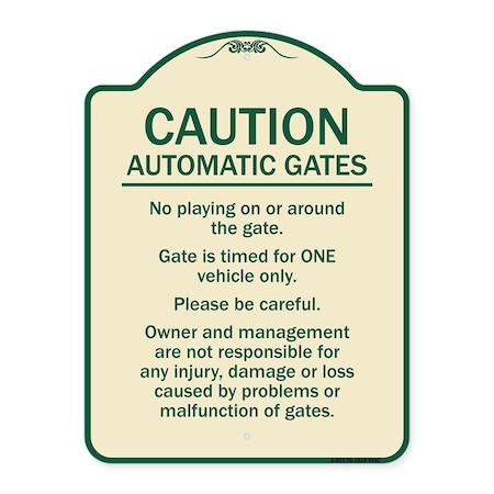 Signmission Designer Series-Caution Automatic Gates No Playing Gate Is Timed For One, 24" x 18", TG-1824-9992 A-DES-TG-1824-9992